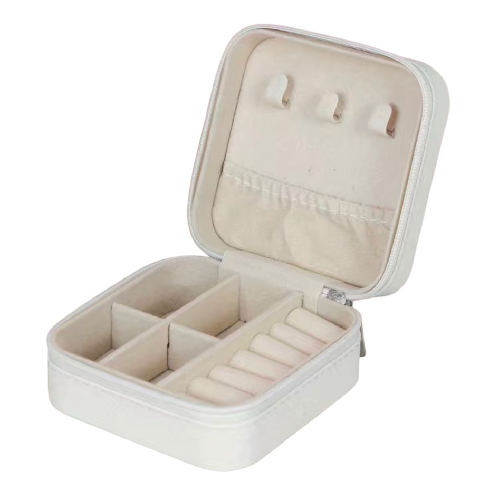 White Faux Leather Jewelry Box Portable Travel Case for Earrings Rings Necklaces